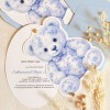 Zaproszenia na chrzest na fakturowanym papierze z niebieskim misiem i złotym pinem- Blue Toile Teddy