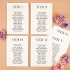 Plany stołów weselnych (rozmieszczenie gości) na pojedynczych kartach z czarnymi napisami - Blossom
