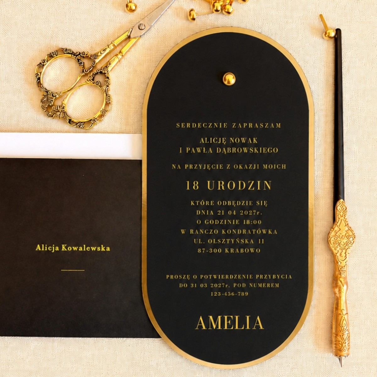 Eleganckie zaproszenia na 18 urodziny - Noir Elegance Black 18