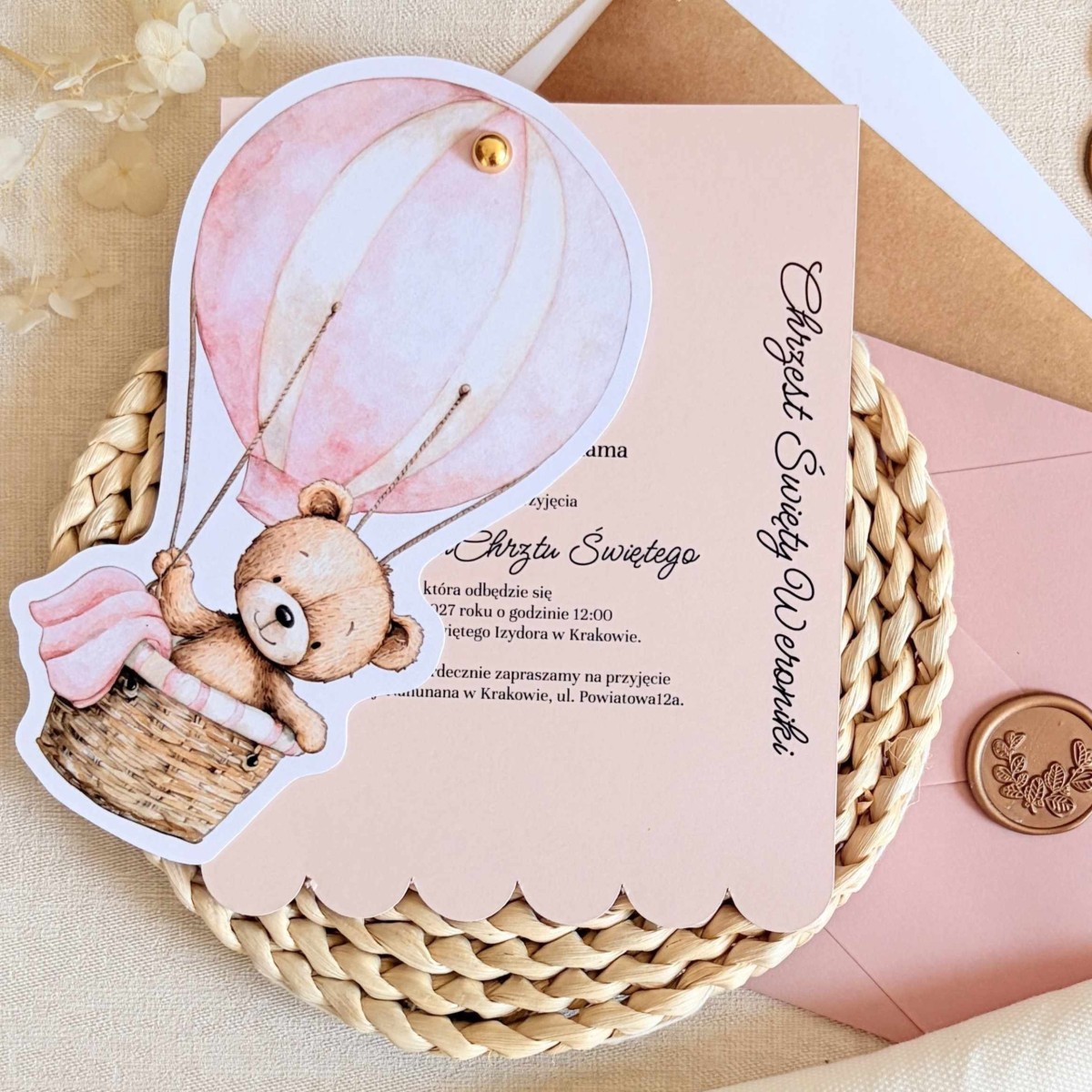 Zaproszenia na chrzest z różowym misiem w balonie i złotym pinem - Pink Teddy Balloon