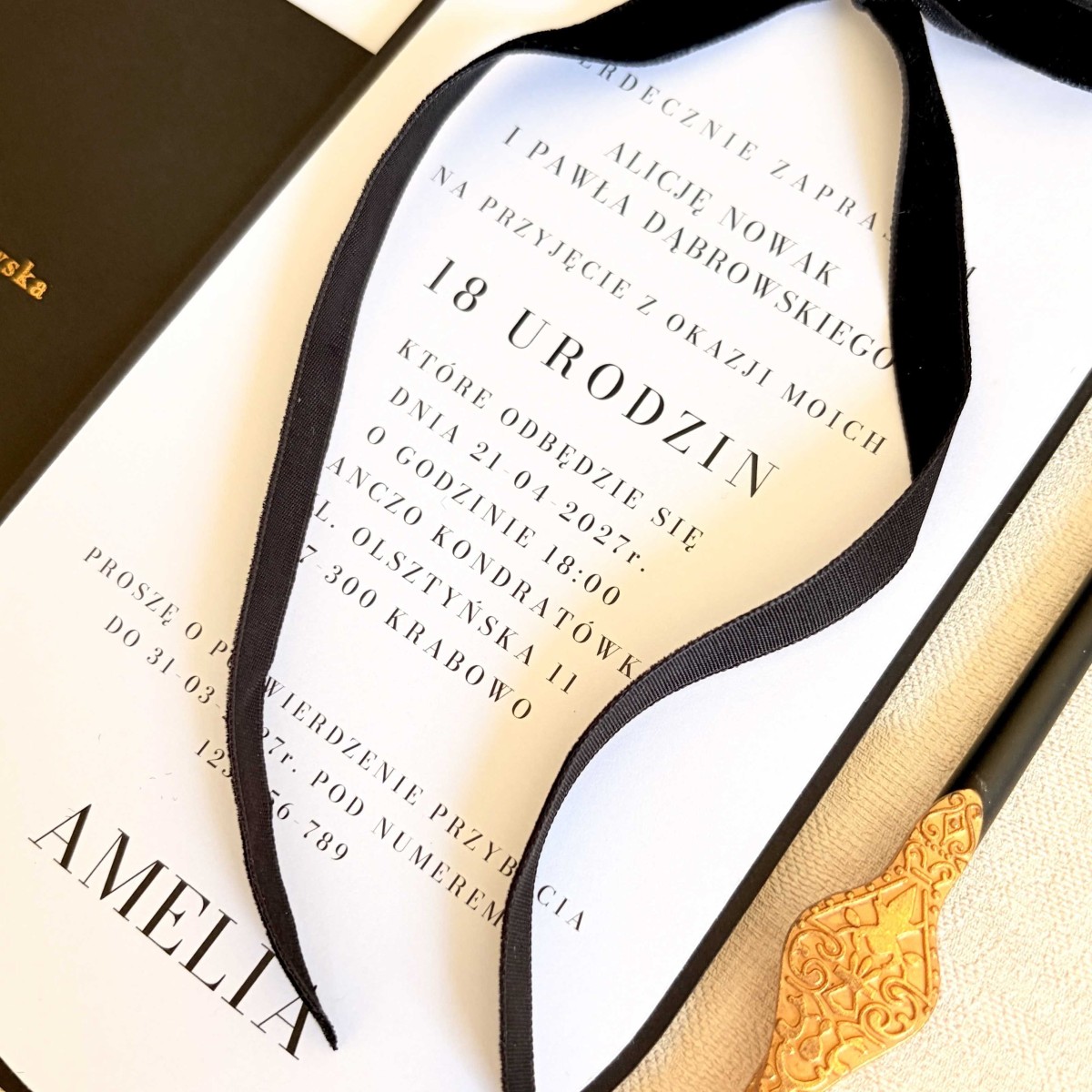 Eleganckie zaproszenia na 18 urodziny - Noir Gold Velvet