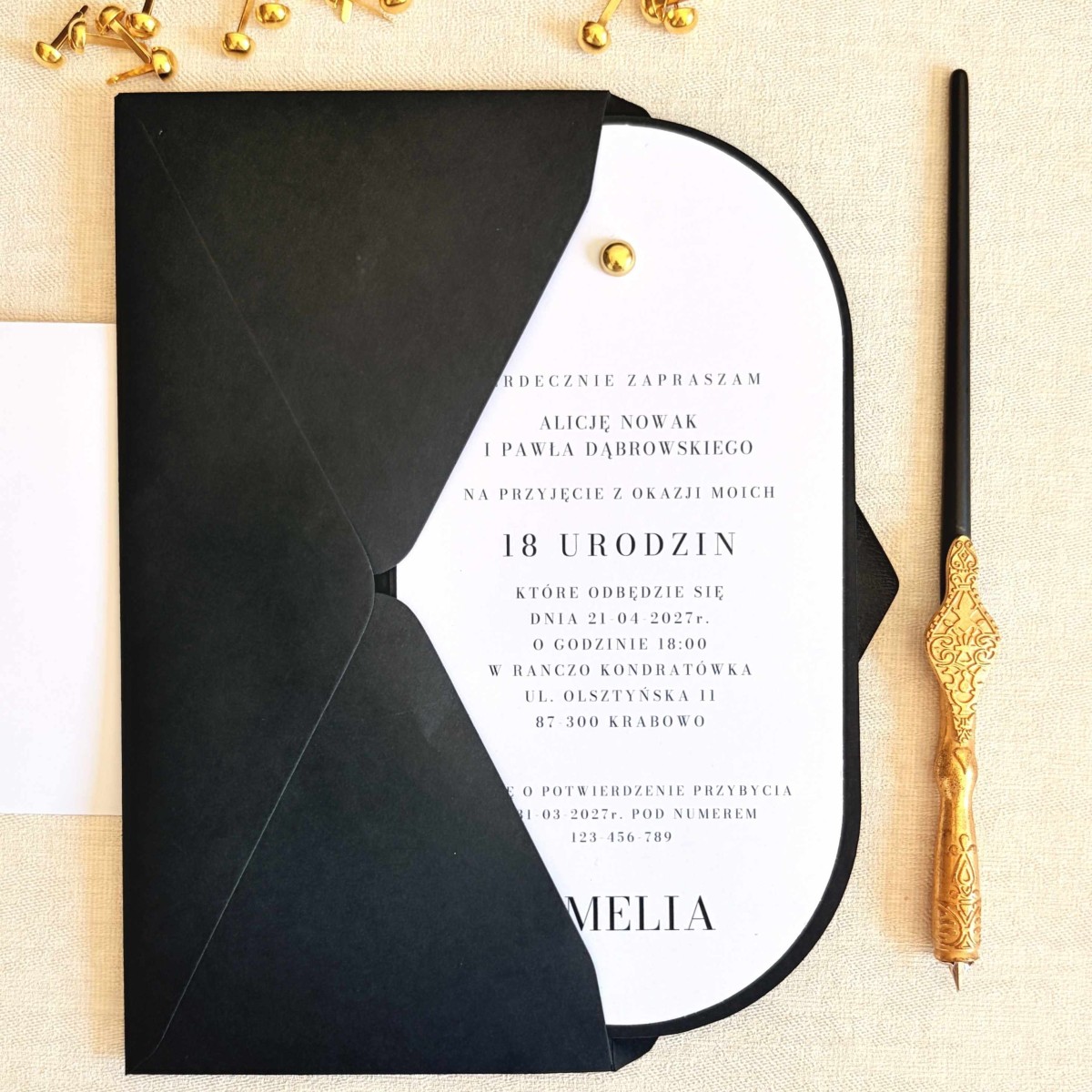 Eleganckie zaproszenia na 18 urodziny - Noir Elegance 18
