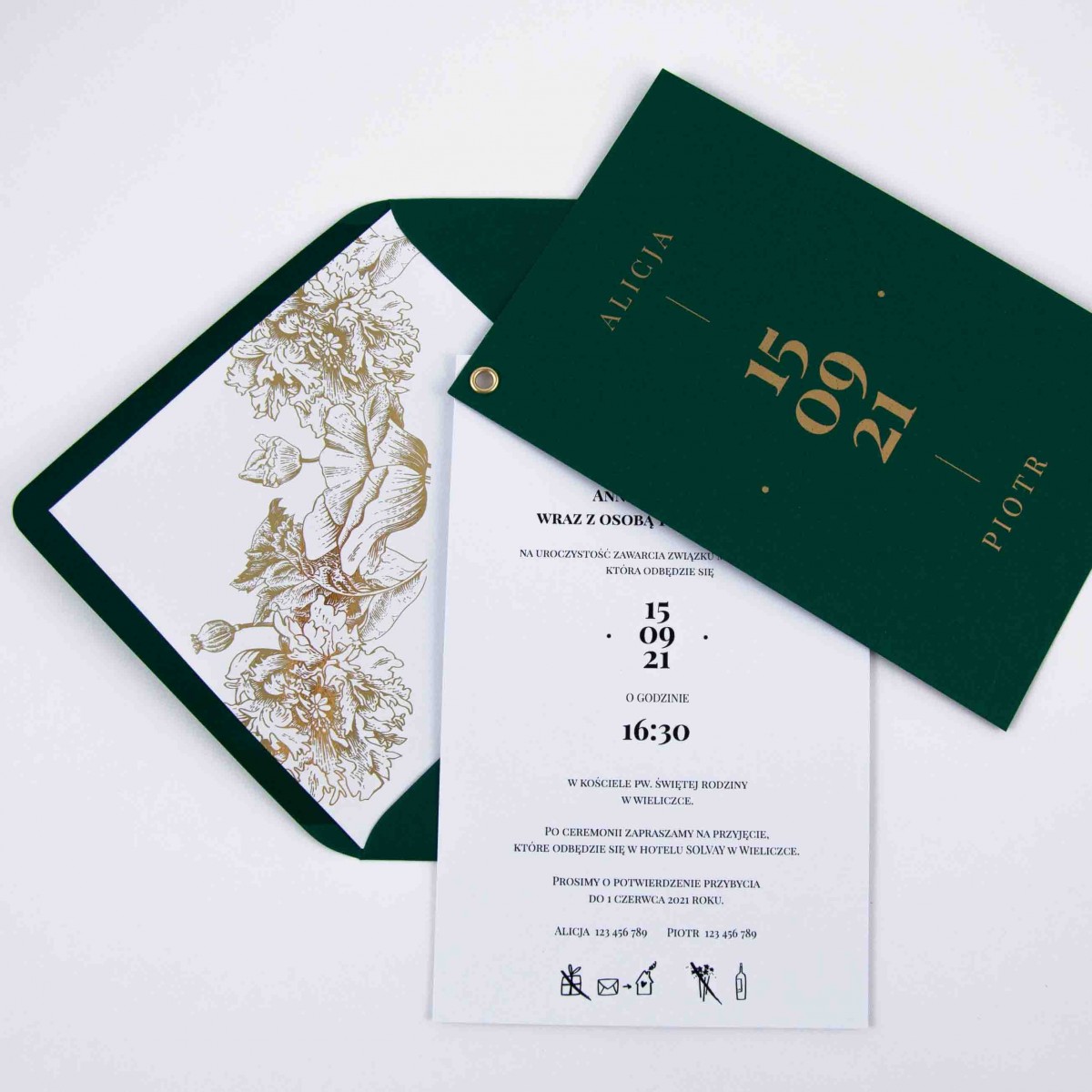 Eleganckie pozłacane zaproszenia ślubne z nitem Unity Green