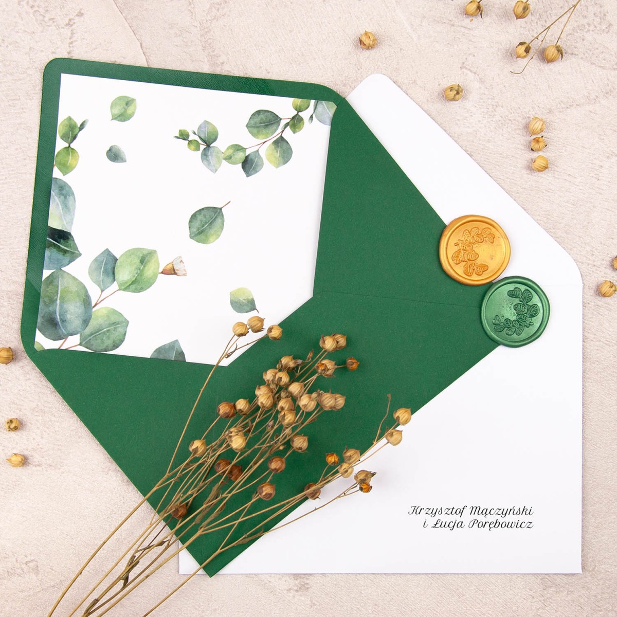 Botaniczne zaproszenia na Komunię Świętą z lustrzaną ramką i złotym sznureczkiem - Eucaliptus Mirror Communion