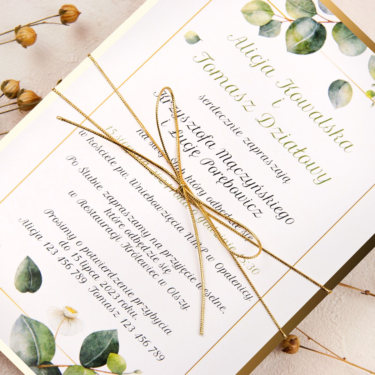 Botaniczne zaproszenia ślubne z motywem gałązek eukaliptusa - Eukaliptus Mirror Gold