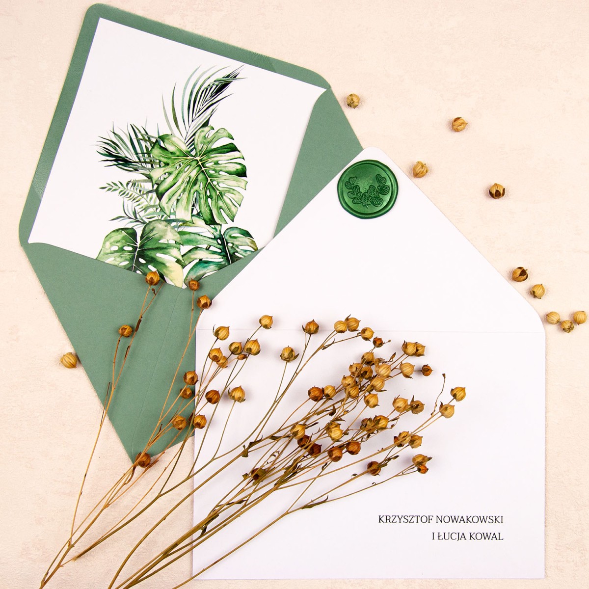 Botaniczne zaproszenia ślubne z zielonym spinaczem i liśćmi monstery - Monstera Clip