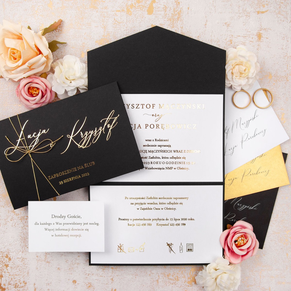 Czarne kopertowe zaproszenia ślubne ze złotym wykończeniem - Black Envelope Gold - PRÓBKA