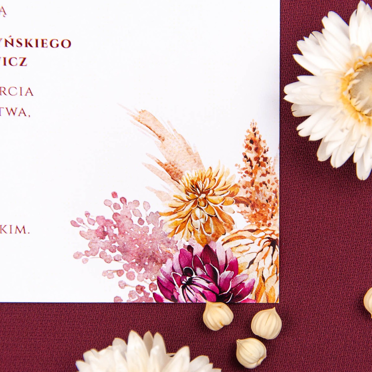 Dwustronne zaproszenia ślubne z kalką, listkami i suszonymi kwiatami - Sunset - PRÓBKA