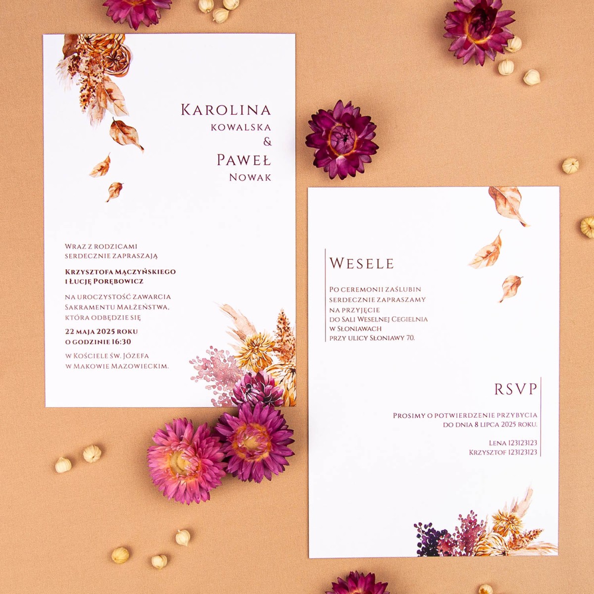 Dwustronne zaproszenia ślubne z listkami i suszonymi kwiatami - Dry Leaves - PRÓBKA