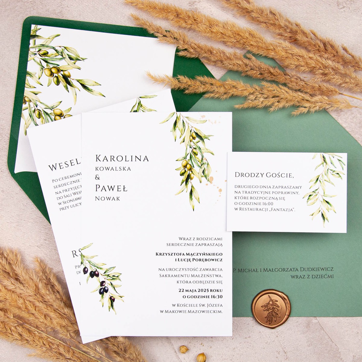 Dwustronne zaproszenia ślubne z motywem gałązki oliwnej - Olive Tree