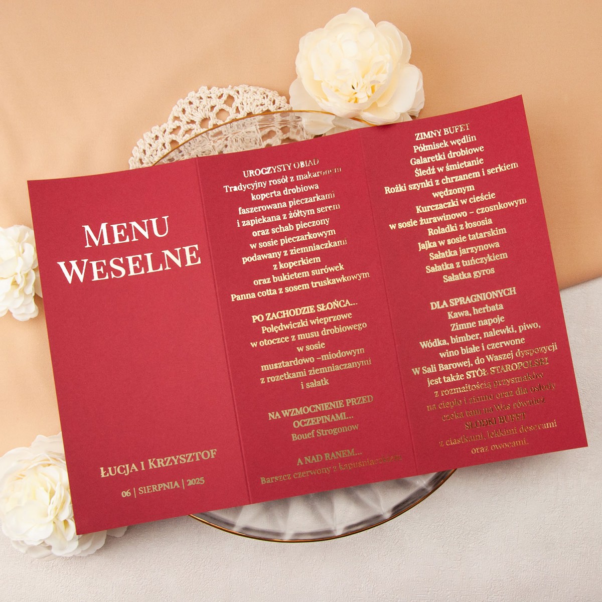 Eleganckie czerwone rozkładane menu ze złotym wykończeniem - Unity Burgund, Royal Burgund