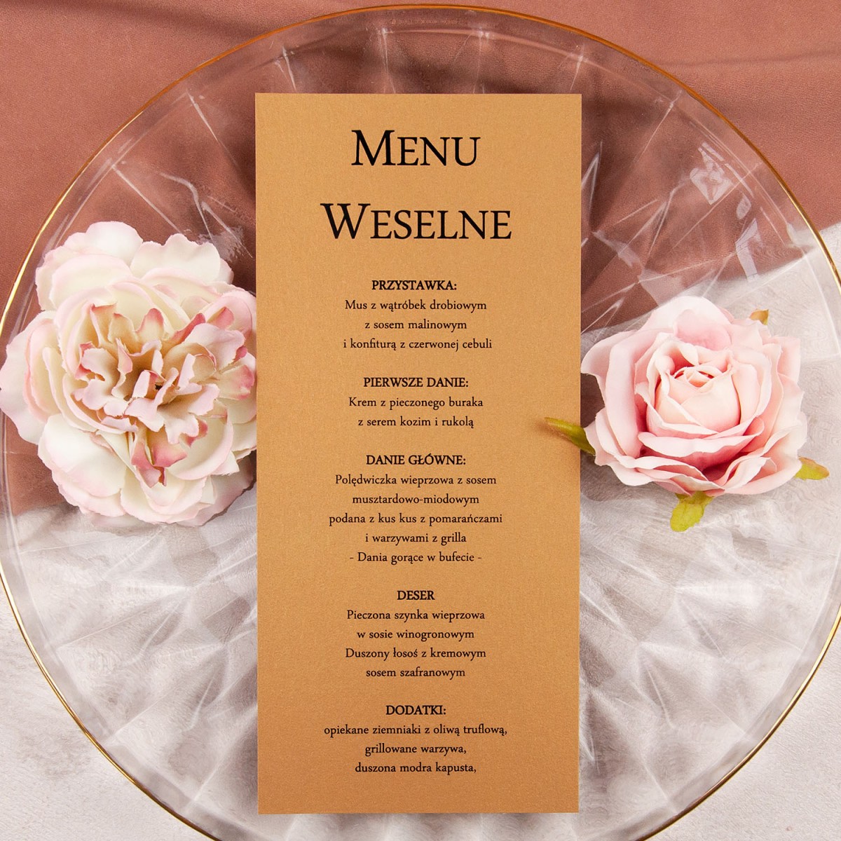 Eleganckie metaliczne menu jednokartowe na talerz - Slim Gold - PRÓBKA