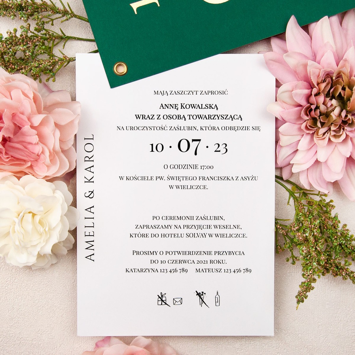 Eleganckie pozłacane zaproszenia na ślub ze złotym nitem - Royal Green - PRÓBKA