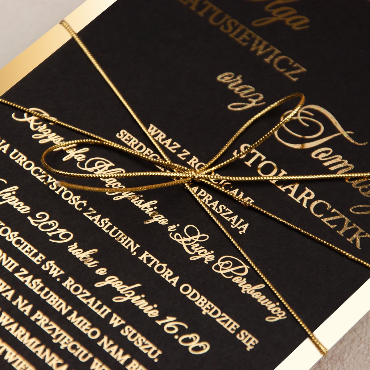 Eleganckie pozłacane zaproszenia ślubne ze złotym sznurkiem - Gold Mirror Black