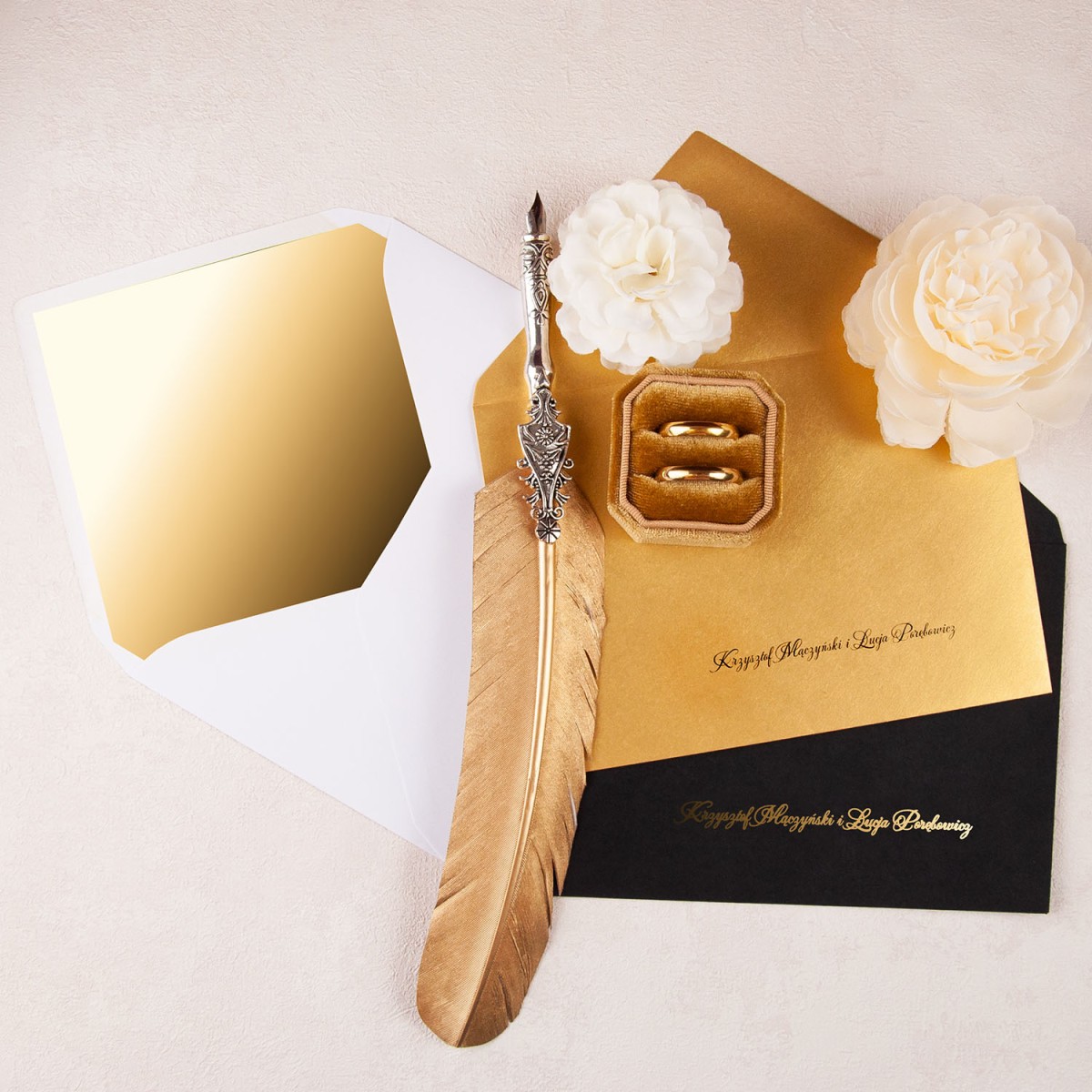 Eleganckie pozłacane zaproszenia ślubne ze złotym sznurkiem - Gold Mirror - PRÓBKA