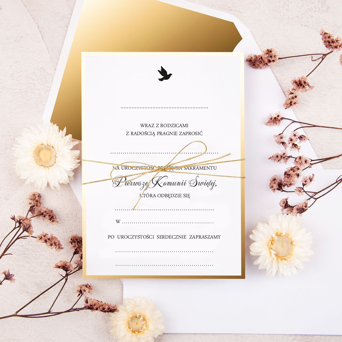 Eleganckie zaproszenia na Komunię Świętą ze złotym sznureczkiem do uzupełnienia - Gold Mirror Communion