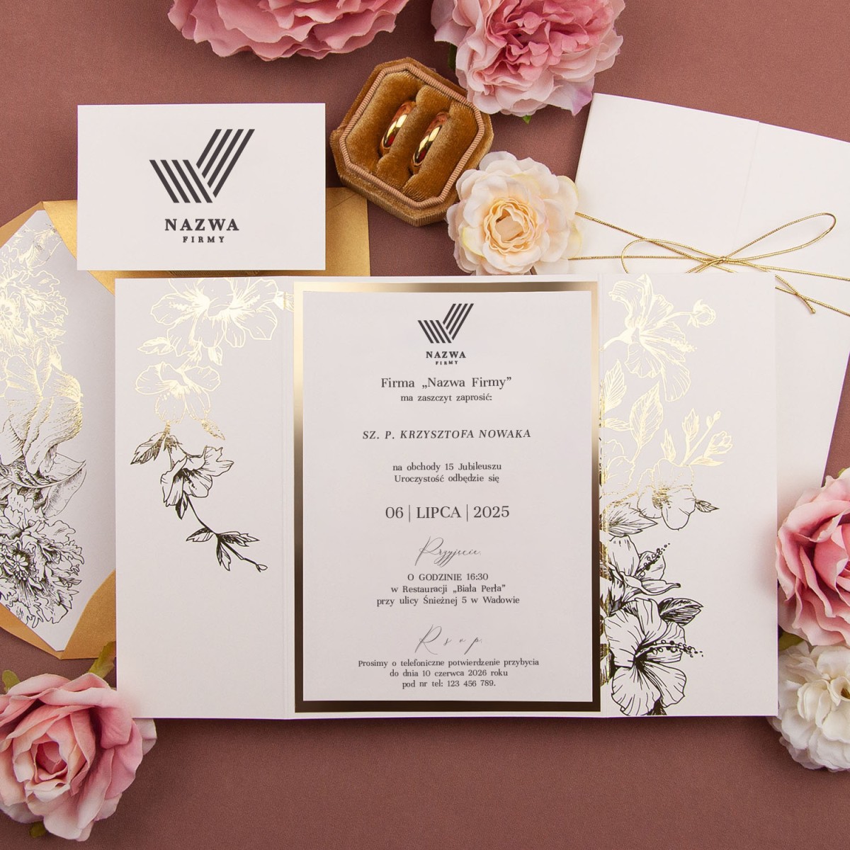 Eleganckie zaproszenia biznesowe z kwiatowym motywem na papierze ecru - Ecru Princess
