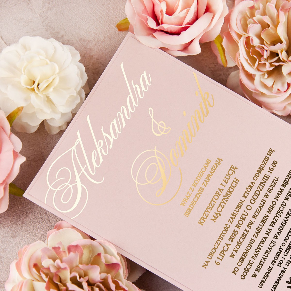 Eleganckie zaproszenia ślubne ze złotym wykończeniem - Magnificent Pink