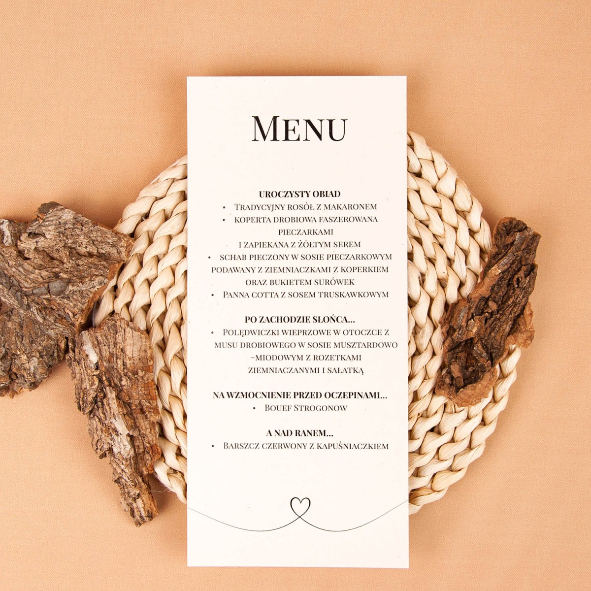 Jednokartowe menu na stoły weselne drukowane na jasnym ekologicznym papierze - Rural White