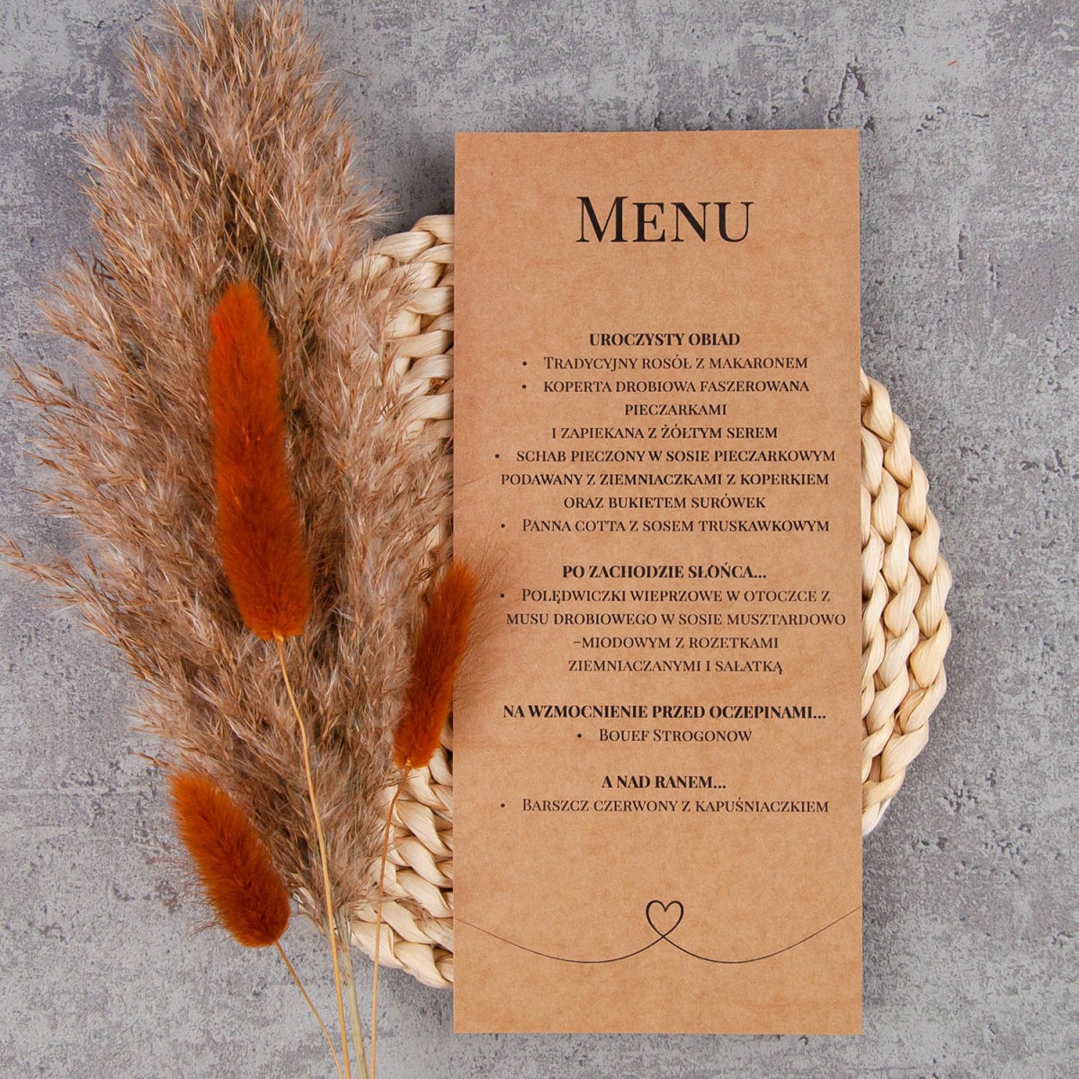 Jednokartowe menu na stoły weselne drukowane na papierze ekologicznym - Rural Eco