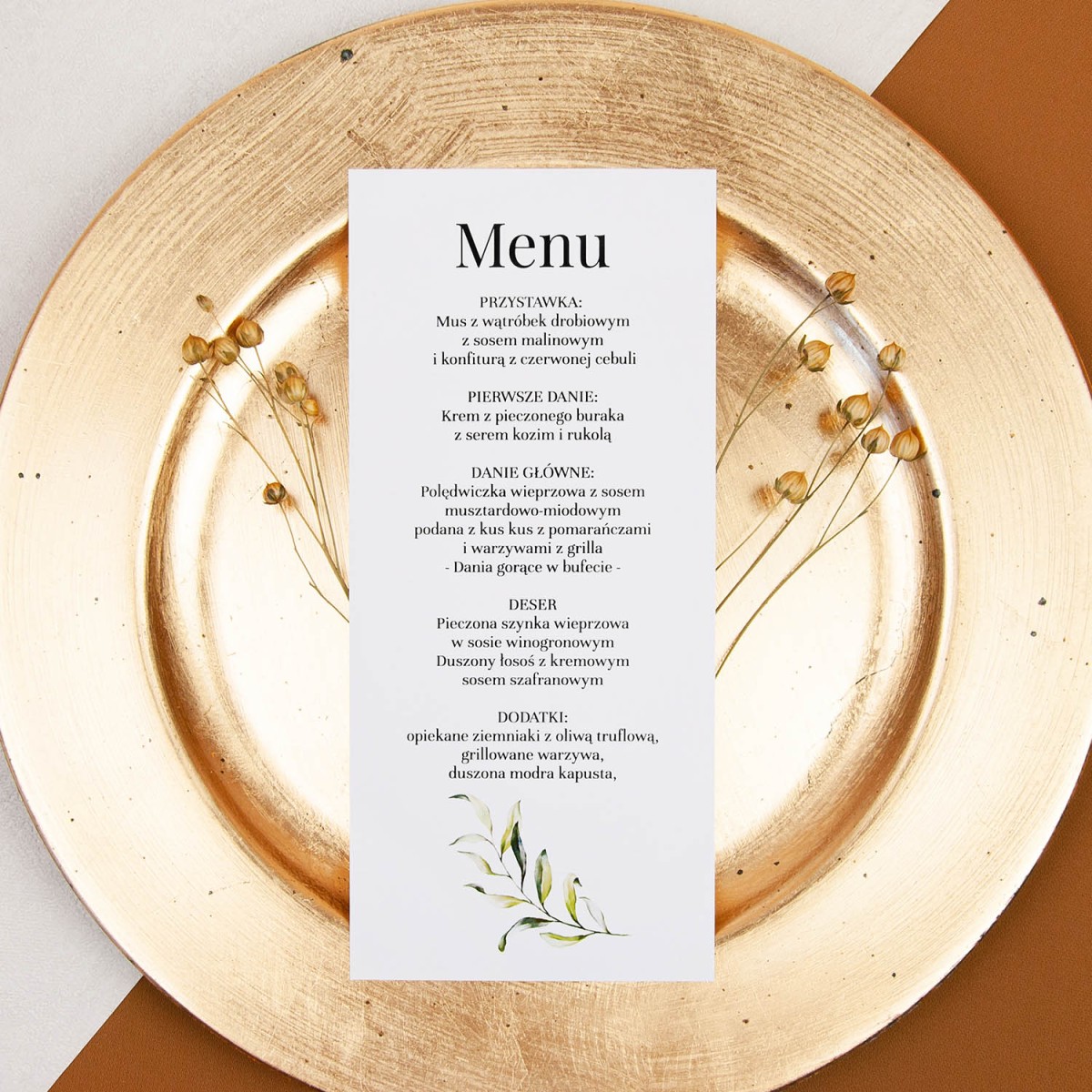 Jednokartowe menu z motywem gałązki oliwnej - Olive Brunch - PRÓBKA