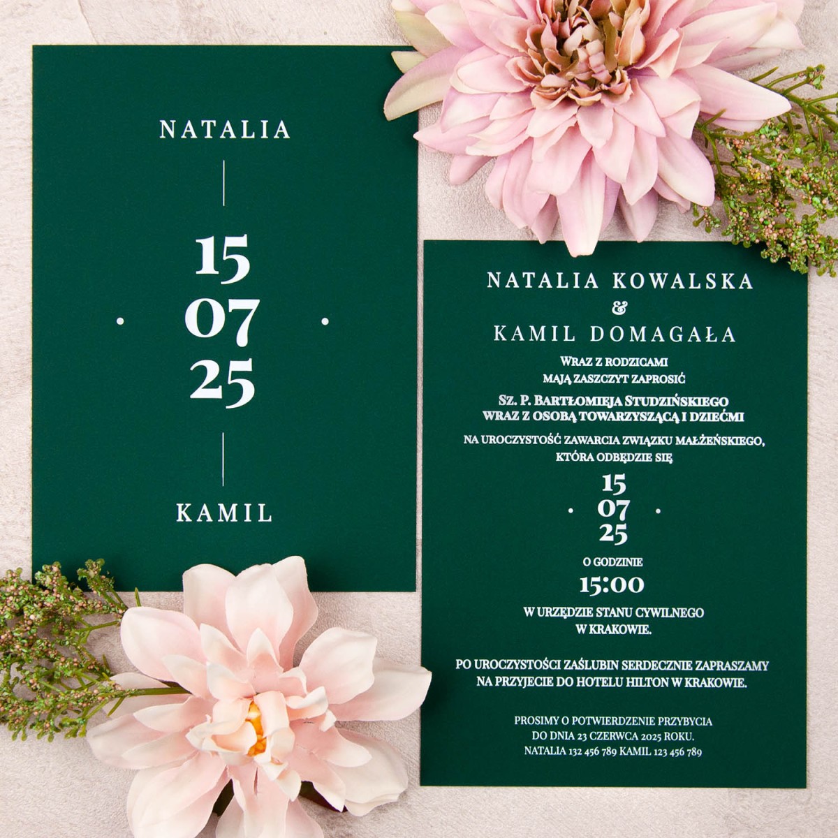 Jednokartowe zaproszenia ślubne z białym nadrukiem - Gorgeous Green