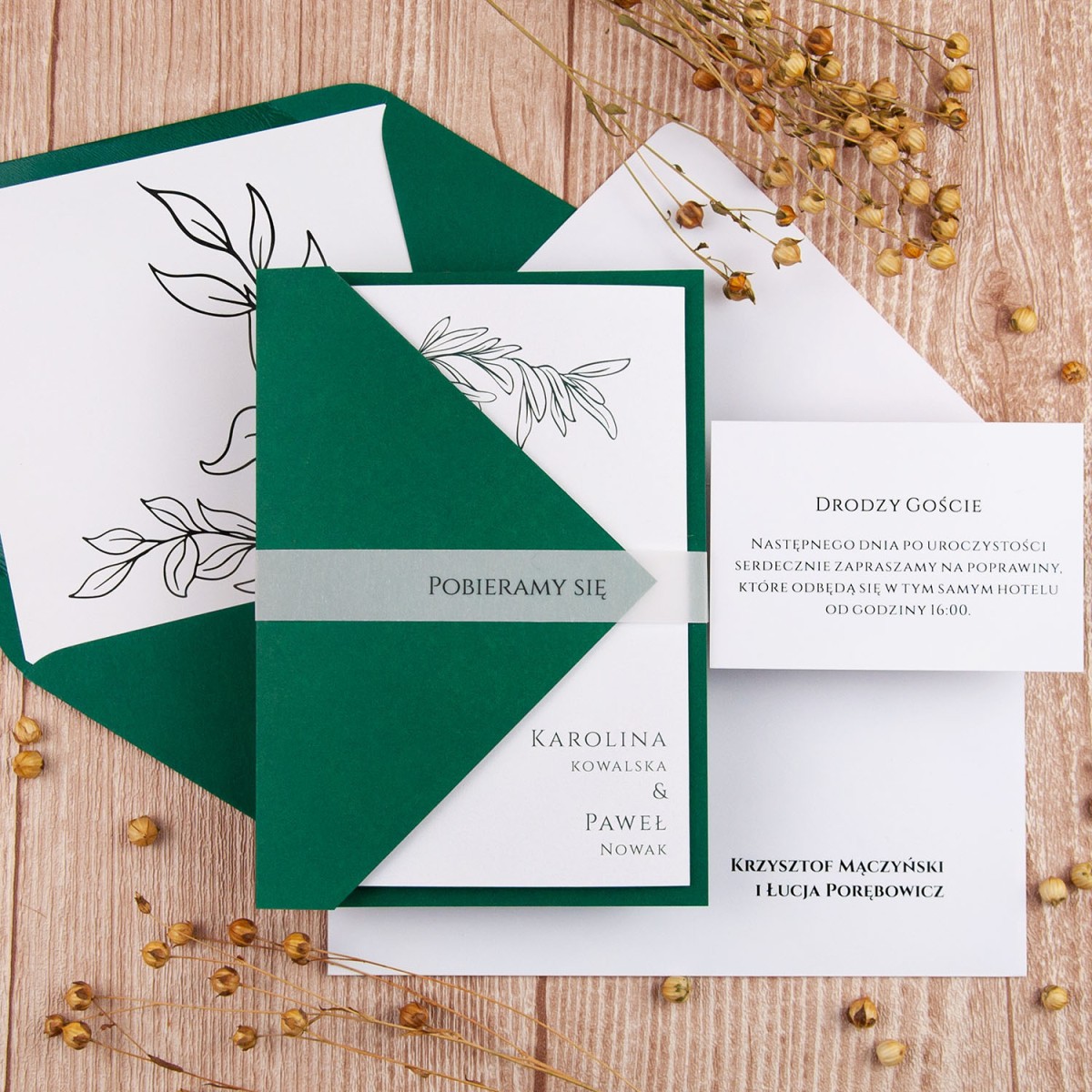 Kopertowe zaproszenia ślubne z zieloną okładką i minimalistycznymi liśćmi - Wild Green - PRÓBKA