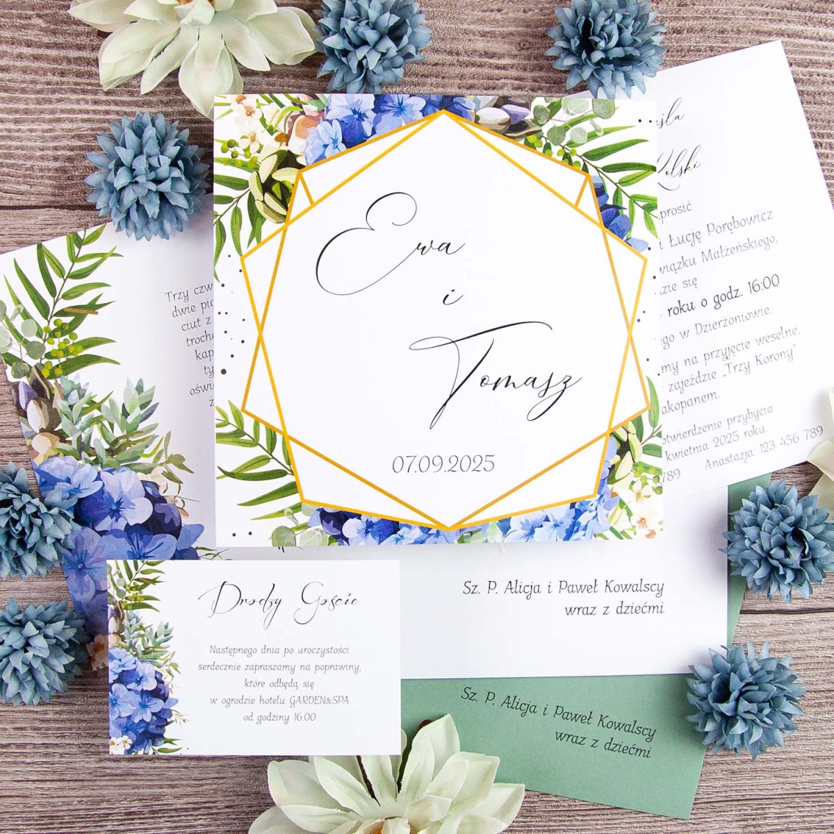 Kwiatowe zaproszenia ślubne z motywem geometrycznym - Blue Monday - PRÓBKA