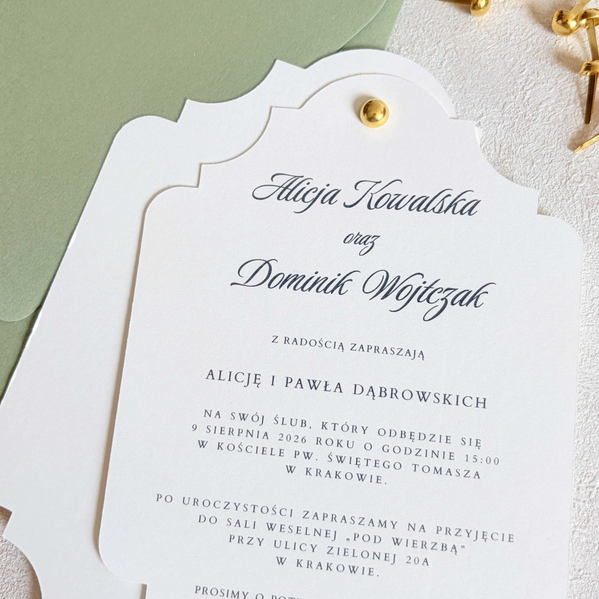 Eleganckie zaproszenia na ślub na papierze ecru ze złotym pinem  - Pure Frame
