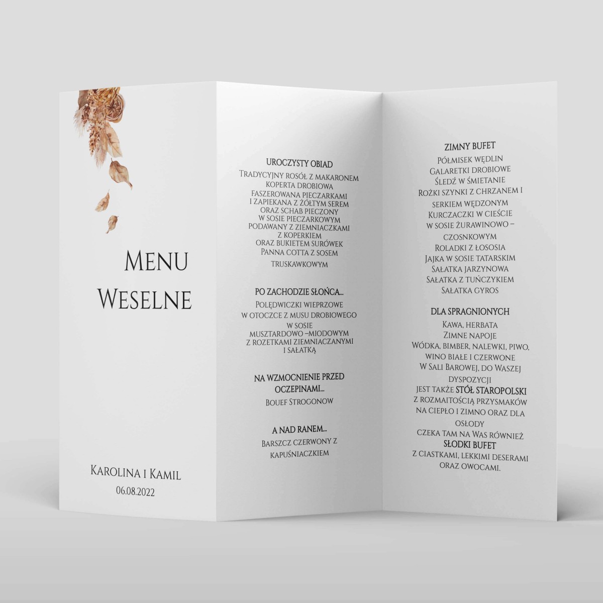 Menu weselne z suszonymi kwiatami - Sunset - PRÓBKA