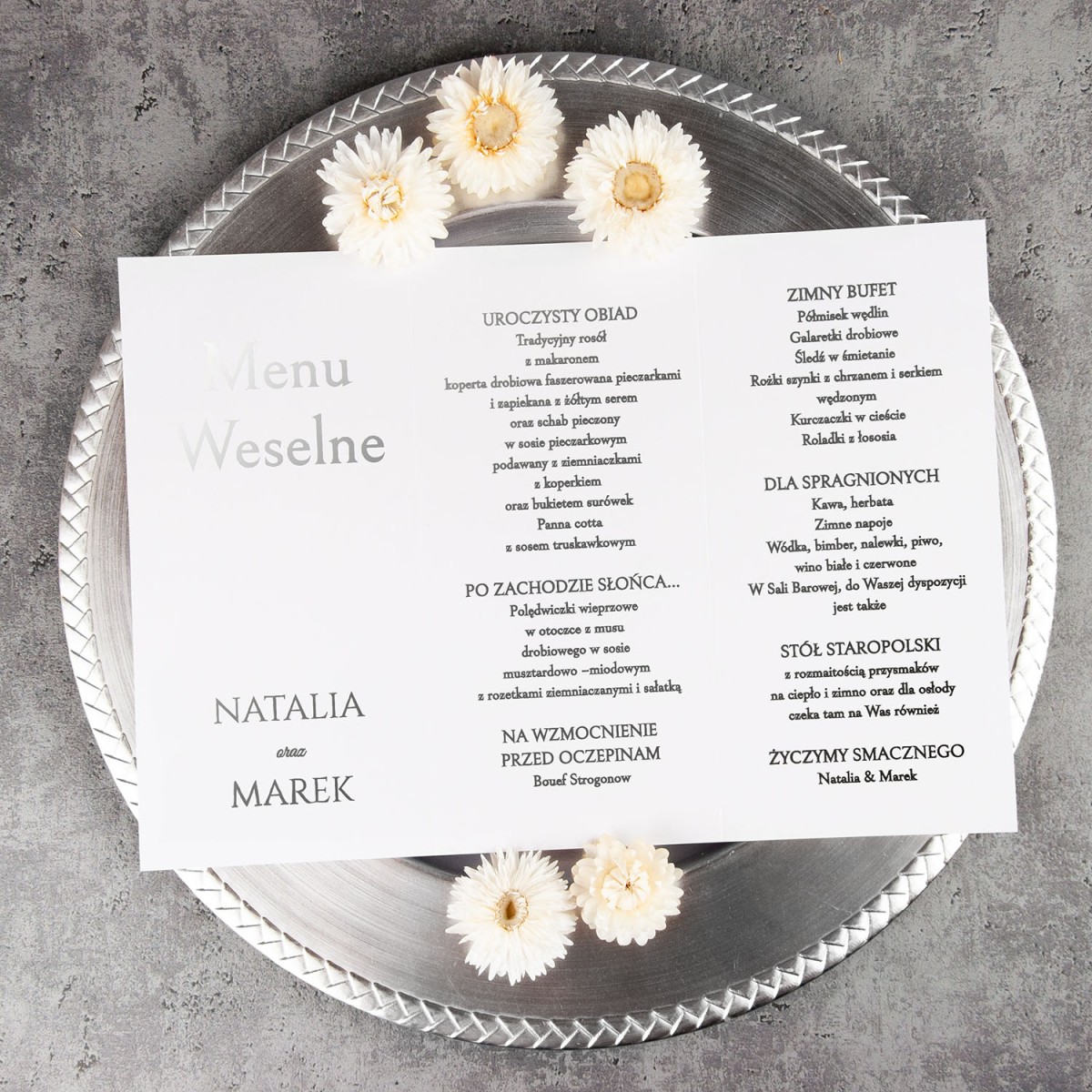 Minimalistyczne otwierane menu weselne ze srebrnym wykończeniem - Timeless Dusty Blue - PRÓBKA