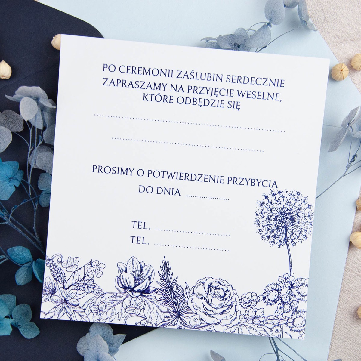 Minimalistyczne zaproszenia ślubne z delikatną grafiką kwiatów do własnoręcznego uzupełnienia - Inspire - LAST MINUTE