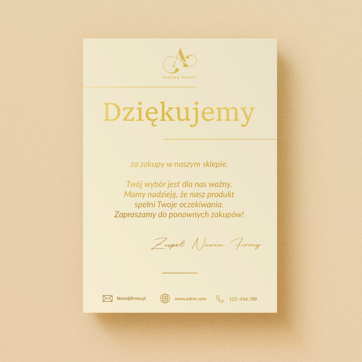 Eleganckie podziękowania za zakupy dla klientów na papierze ecru ze złoceniem - POD5