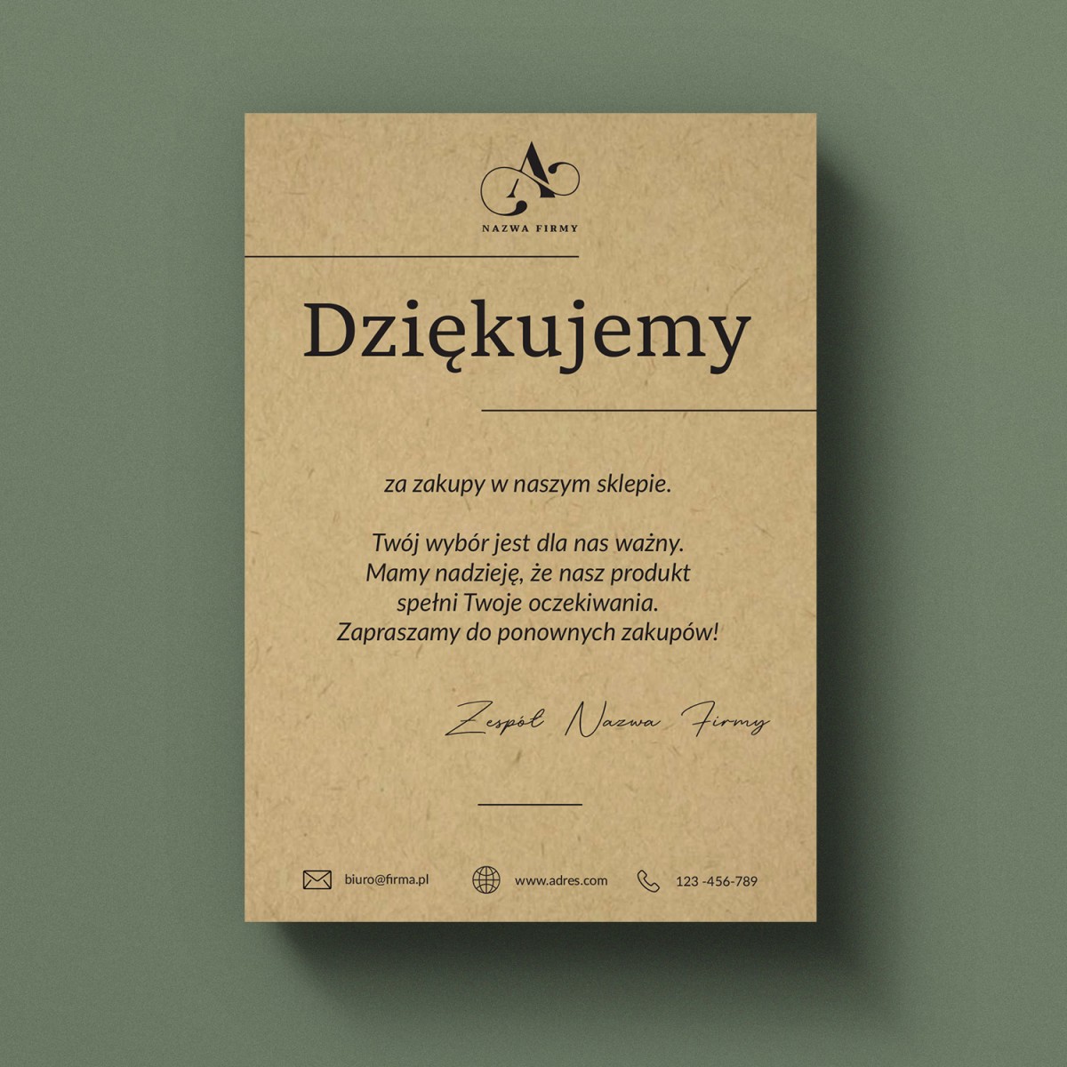 Minimalistyczne podziękowania za zakupy dla klientów na ekologicznym papierze z czarnym nadrukiem - POD6