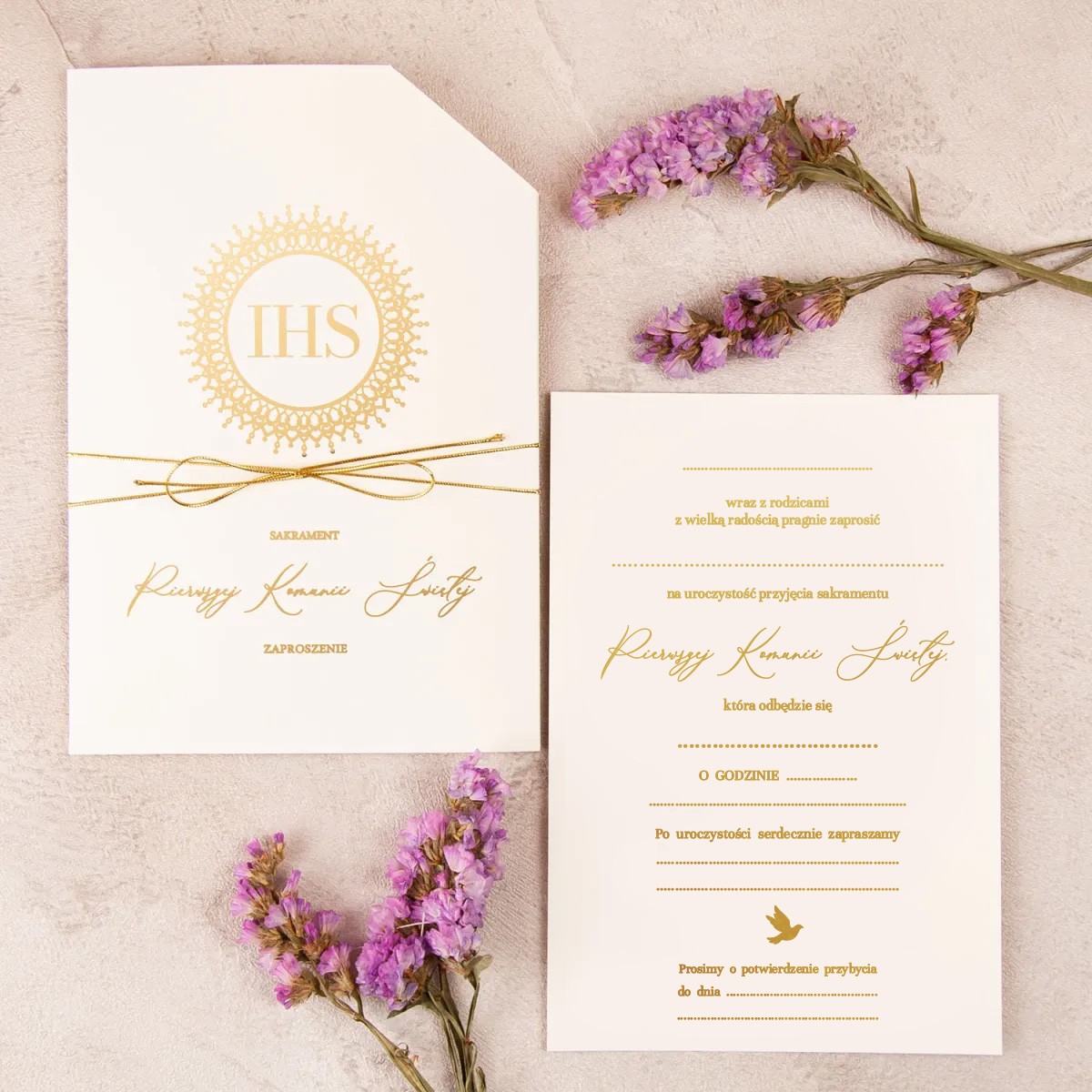 Oryginalne zaproszenia na Komunię Świętą ze złotą grafiką do uzupełnienia - Case Communion