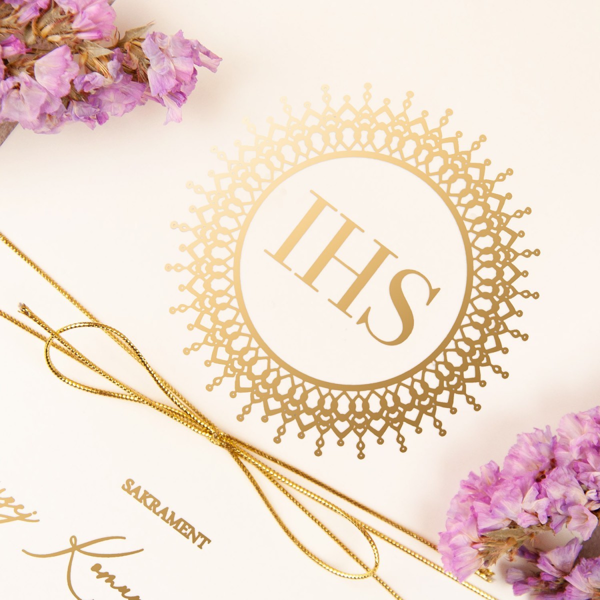 Oryginalne zaproszenia na Komunię Świętą ze złotą grafiką do uzupełnienia - Case Communion