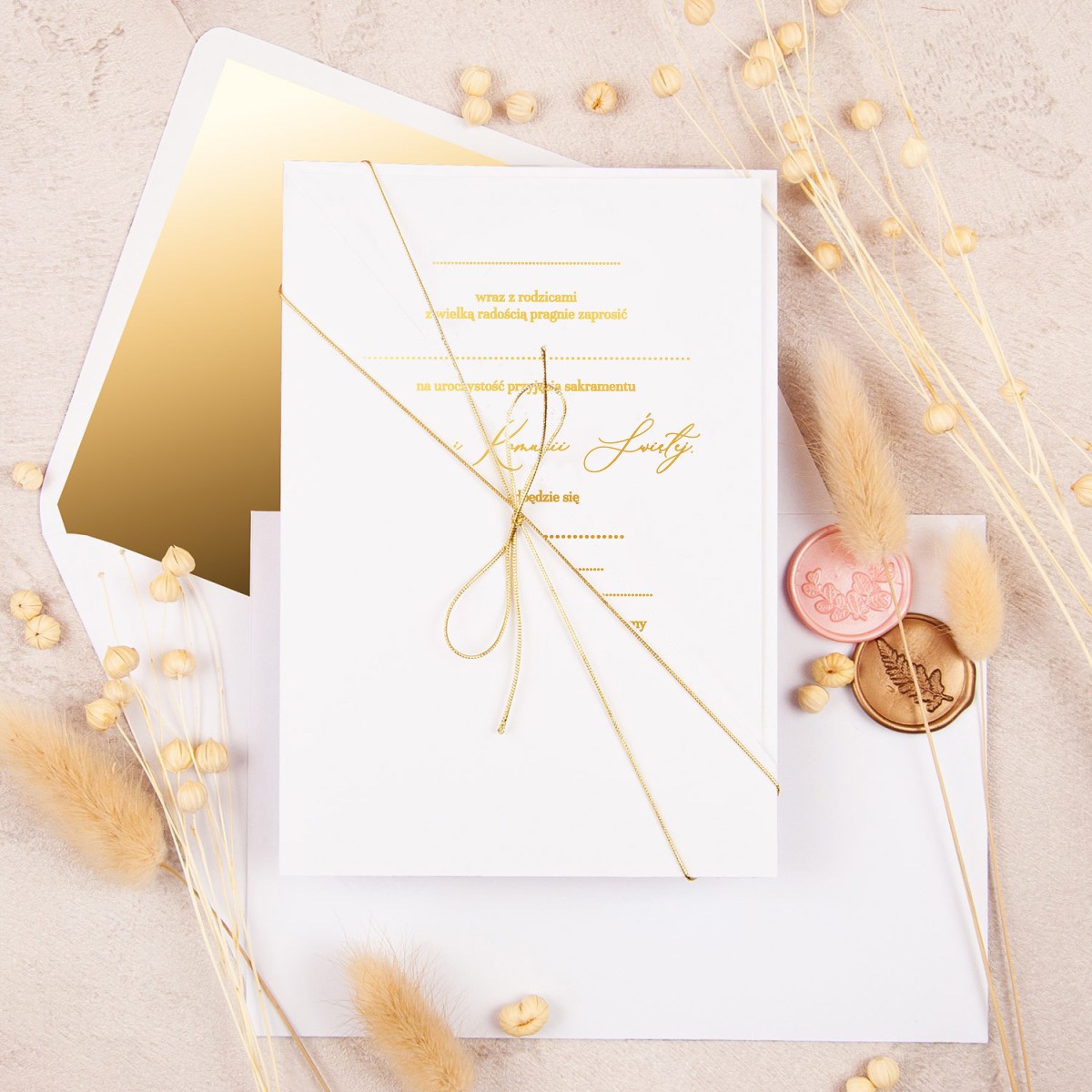 Oryginalne zaproszenia na Komunię Świętą ze złotym wykończeniem do uzupełnienia - Pocket Communion