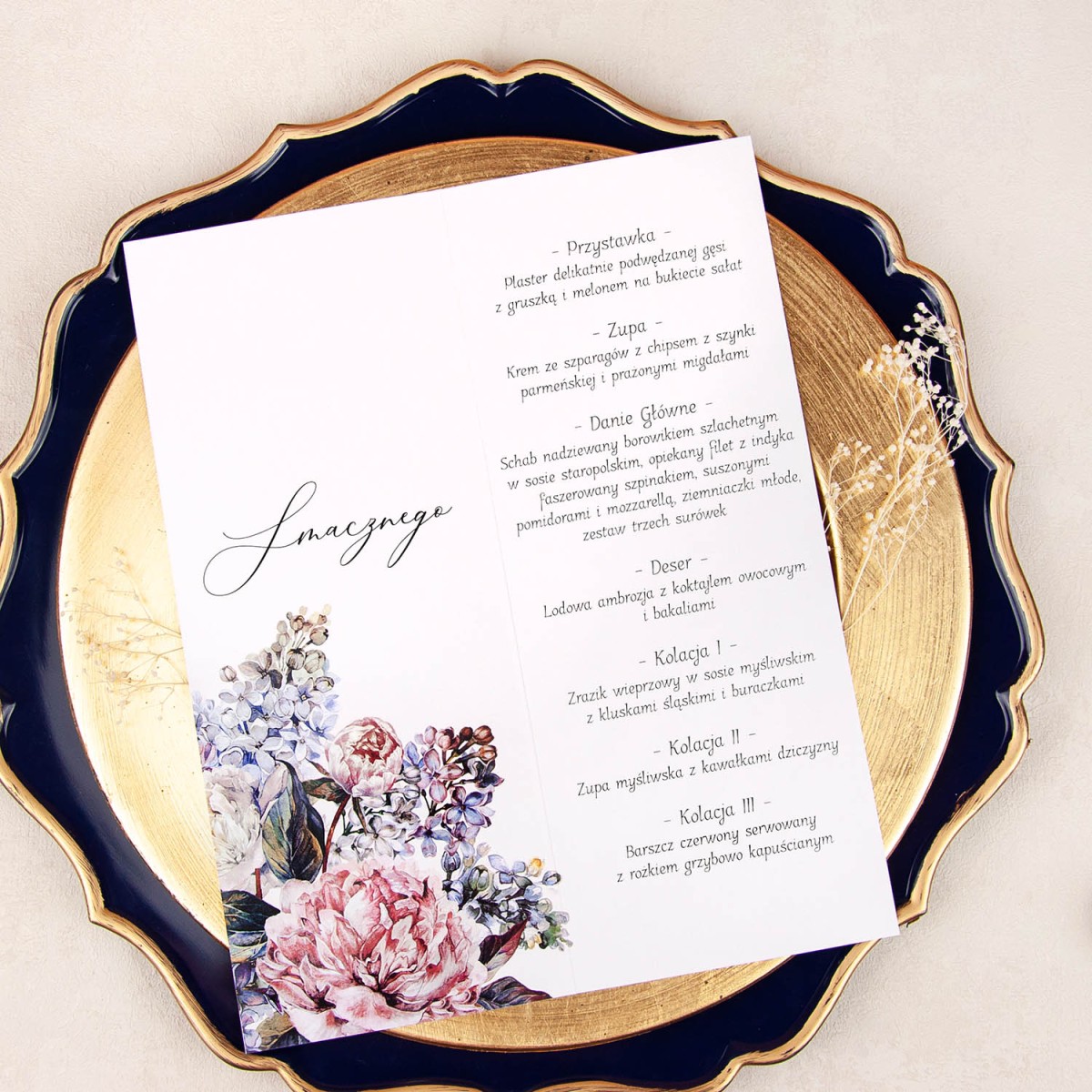 Otwierane menu na stoły weselne z motywem kwiatów piwonii i bzu - BFF - PRÓBKA