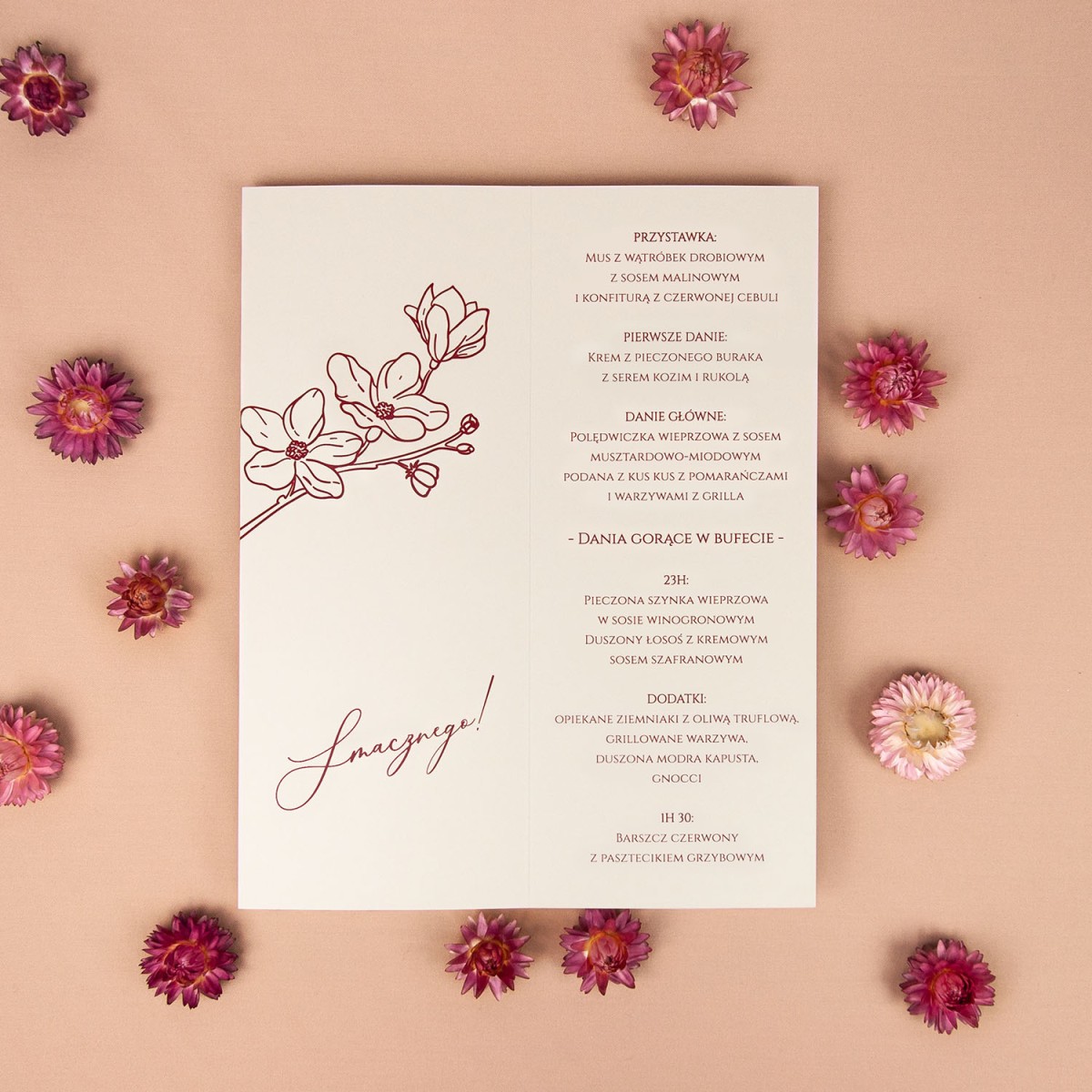 Otwierane menu ślubne z motywem kwiatu orchidei na papierze ecru - Orchid Ecru