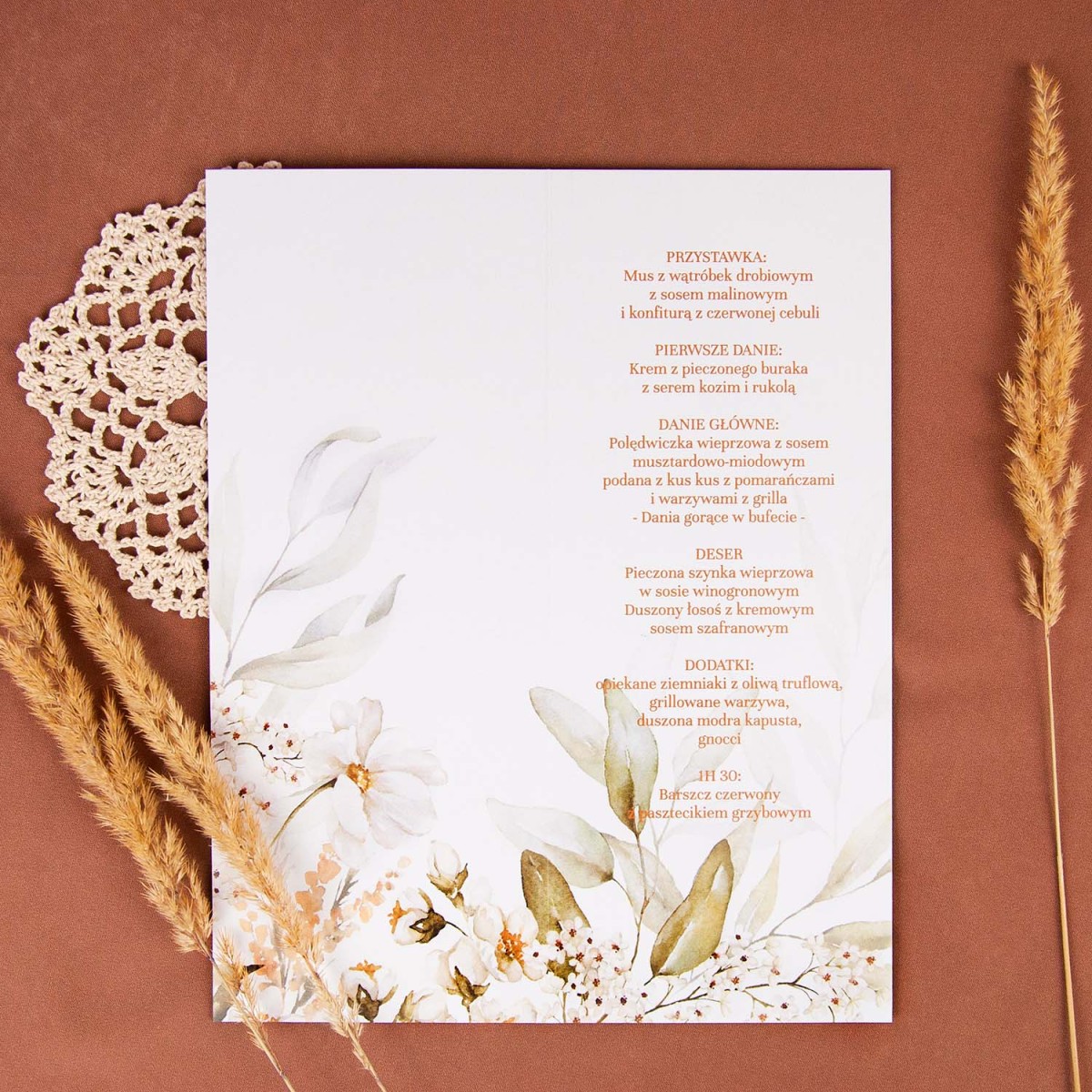Otwierane menu weselne z motywami beżowych i białych kwiatów - Wild Flowers