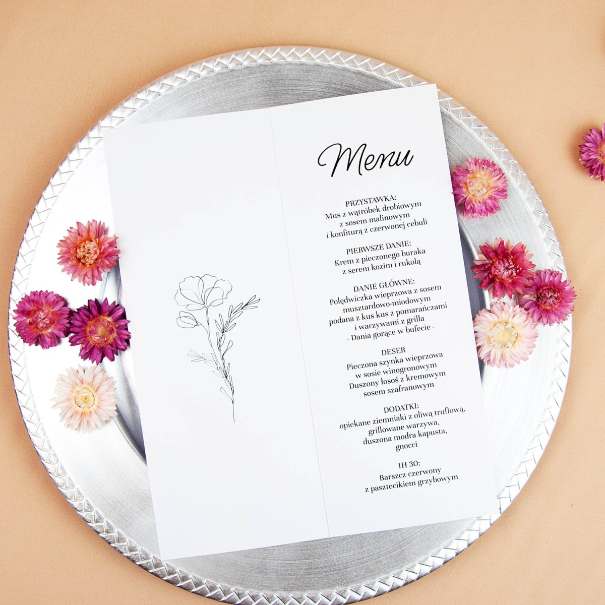 Otwierane menu weselne z motywem szkicowanego maku - Simple Poppy