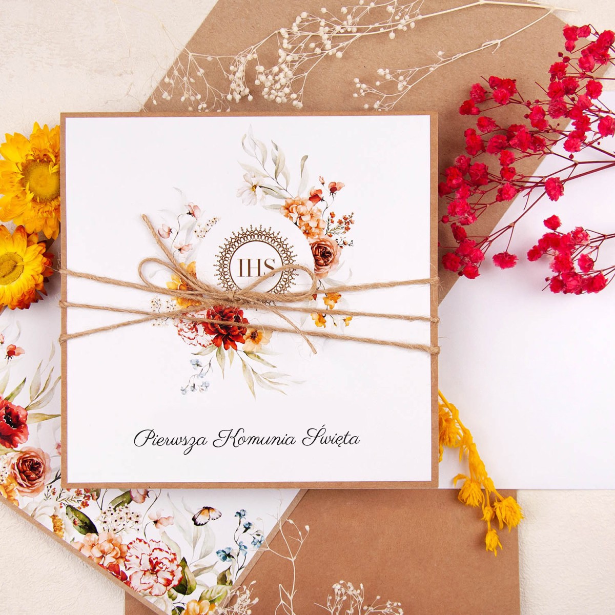 Otwierane zaproszenia na Komunię Świętą z motywem polnych kwiatów do uzupełnienia - Communion