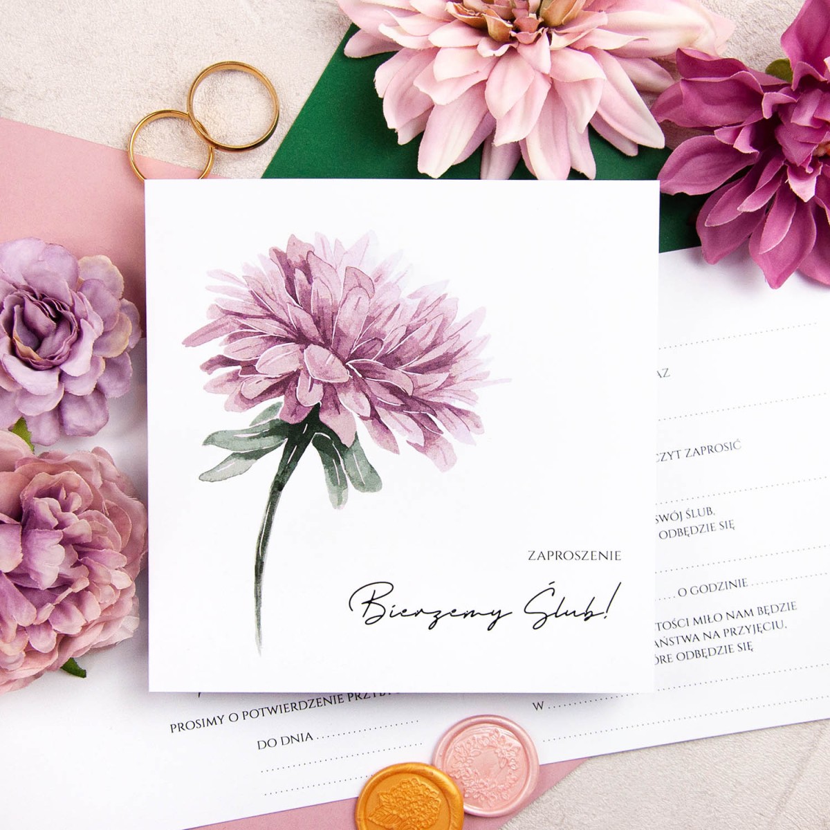 Otwierane zaproszenia ślubne z fioletowym kwiatem do własnoręcznego uzupełnienia - Purple Flower - LAST MINUTE