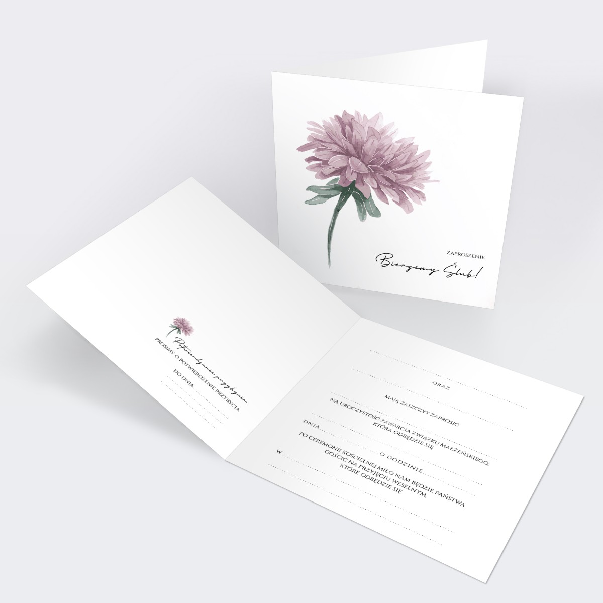 Otwierane Zaproszenia Ślubne z fioletowym kwiatem - Purple Flower - LAST MINUTE