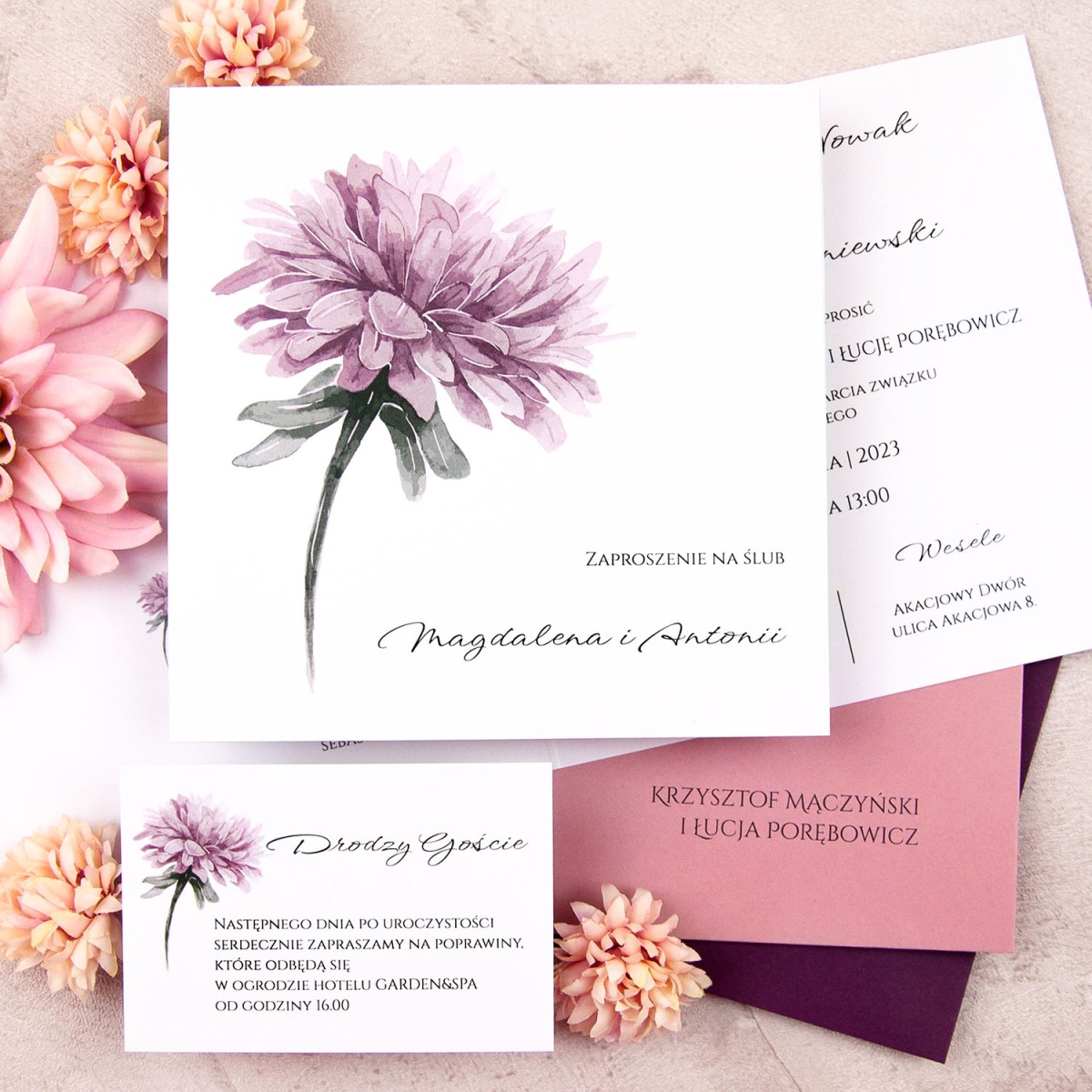 Otwierane zaproszenia ślubne z fioletowym kwiatem - Purple Flower