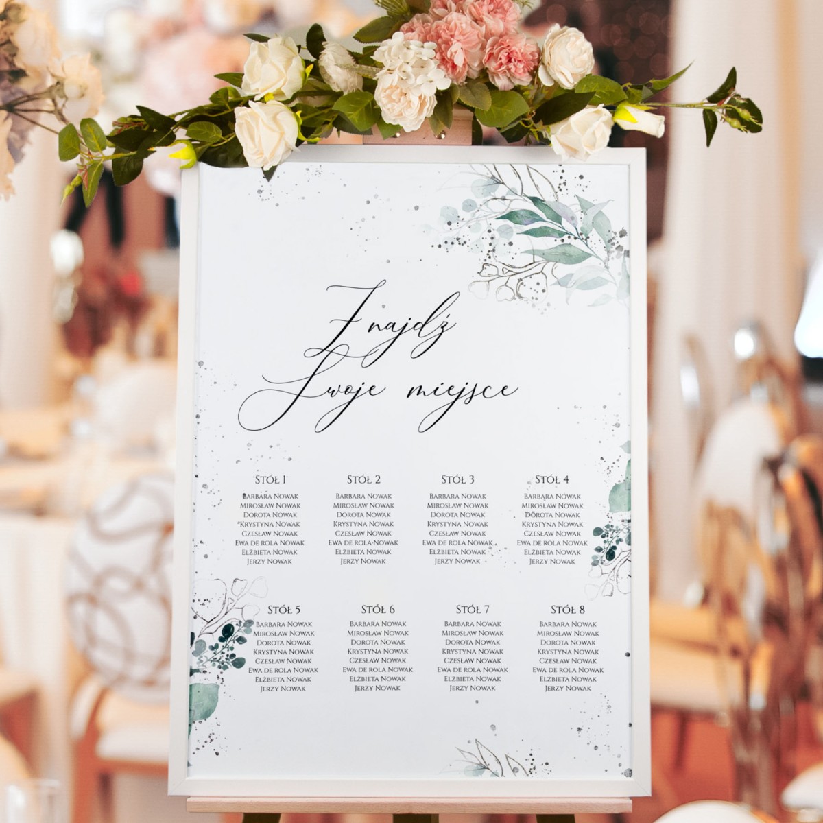 Plan Sali weselnej (rozmieszczenie gości) z motywami delikatnych niebieskich listeczków - Green Calendar
