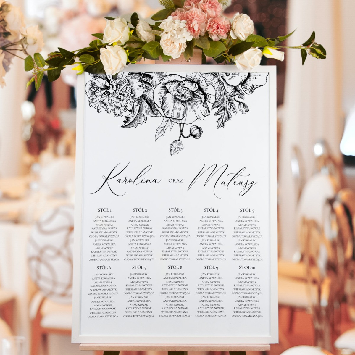 Plan sali weselnej (rozmieszczenie gości) z motywem kwiatowym - Unique