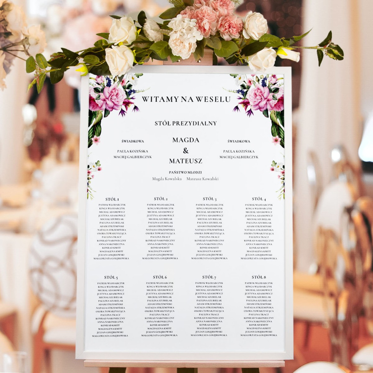 Plan sali weselnej (rozmieszczenie gości) z motywem różowych kwiatów - Rose Flowers