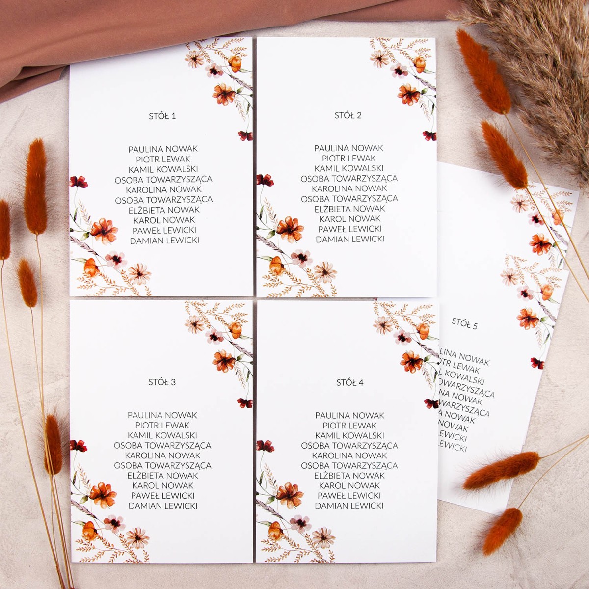 Plany stołów weselnych (rozmieszczenie gości) na pojedynczych kartach z motywami polnych kwiatów - Boho Dream, Summer Garden