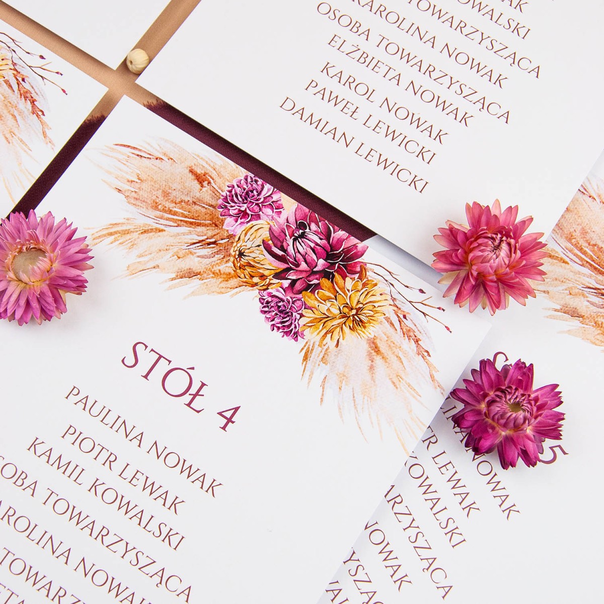 Plany stołów weselnych (rozmieszczenie gości) na pojedynczych kartach z motywem suszonych kwiatów - Sunset, Dry Leaves